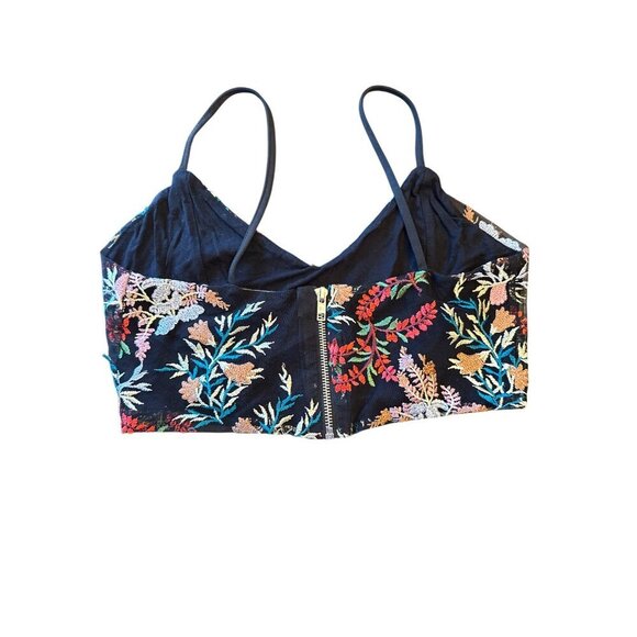 Black Floral Embroidered Crop Top With Zipper Closure & Spaghetti Straps - Picture 2 of 5